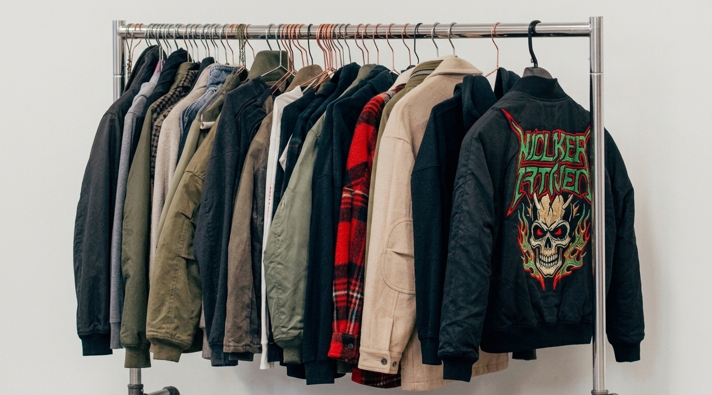 Rail of jackets and coats on copper hangers